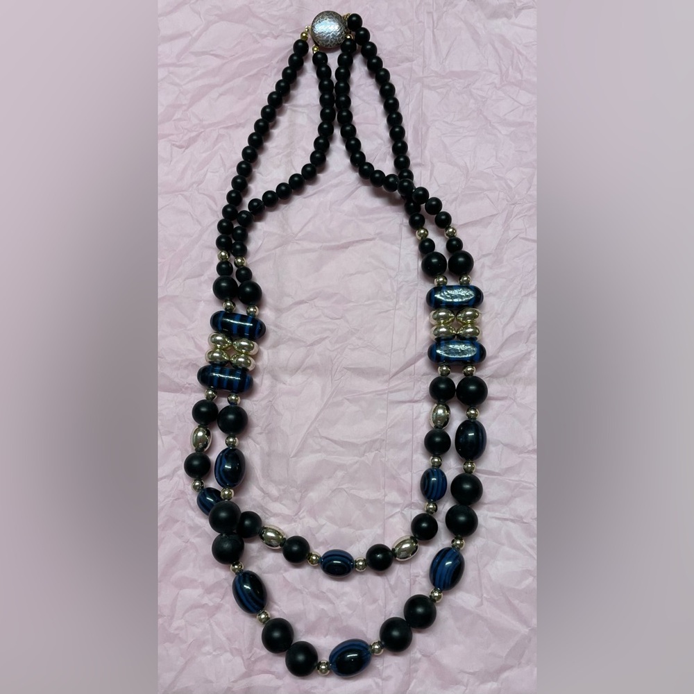 Black and Blue Double-Strand Beaded Necklace with Glossy Finish